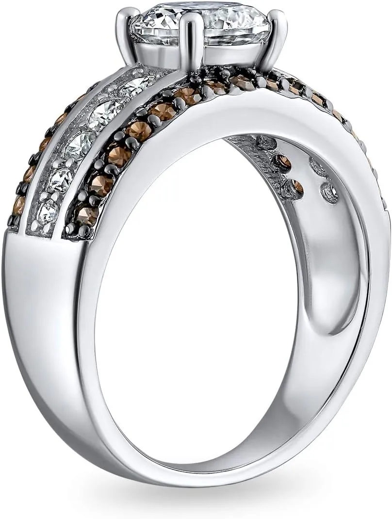 Bling Jewelry Customizable 3ct AAA CZ Two Tone Chocolate Brown Color Clear Round Brilliant Cut Solitaire Engagement Ring for Women 3 Row Wide Pave Band Silver Plated