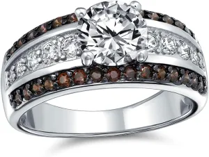 Bling Jewelry Customizable 3ct AAA CZ Two Tone Chocolate Brown Color Clear Round Brilliant Cut Solitaire Engagement Ring for Women 3 Row Wide Pave Band Silver Plated