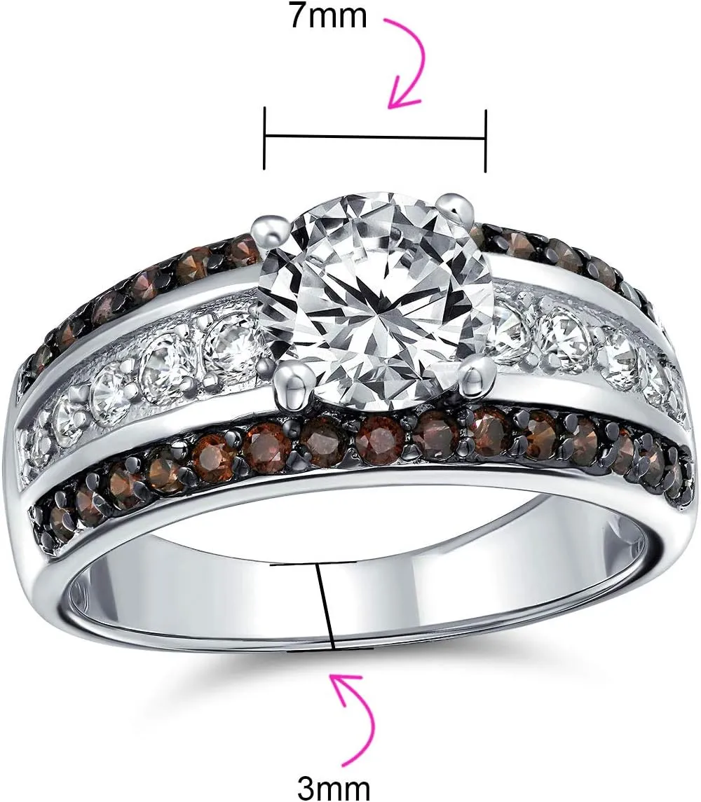 Bling Jewelry Customizable 3ct AAA CZ Two Tone Chocolate Brown Color Clear Round Brilliant Cut Solitaire Engagement Ring for Women 3 Row Wide Pave Band Silver Plated