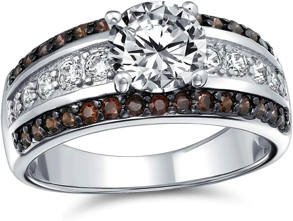 Bling Jewelry Customizable 3ct AAA CZ Two Tone Chocolate Brown Color Clear Round Brilliant Cut Solitaire Engagement Ring for Women 3 Row Wide Pave Band Silver Plated