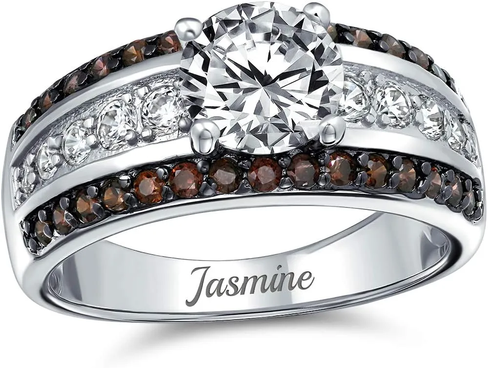 Bling Jewelry Customizable 3ct AAA CZ Two Tone Chocolate Brown Color Clear Round Brilliant Cut Solitaire Engagement Ring for Women 3 Row Wide Pave Band Silver Plated