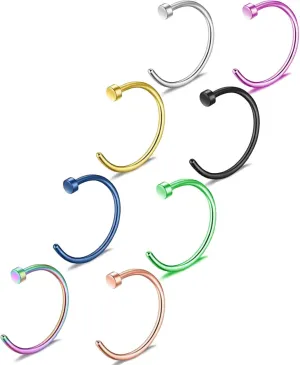 BLISI 8PCS ASTM F136 Titanium Hoop Nose Rings in 18K Gold Plated - 20 Gauge 8mm Cute Nose Rings Hoops for Women and Men, Lightweight