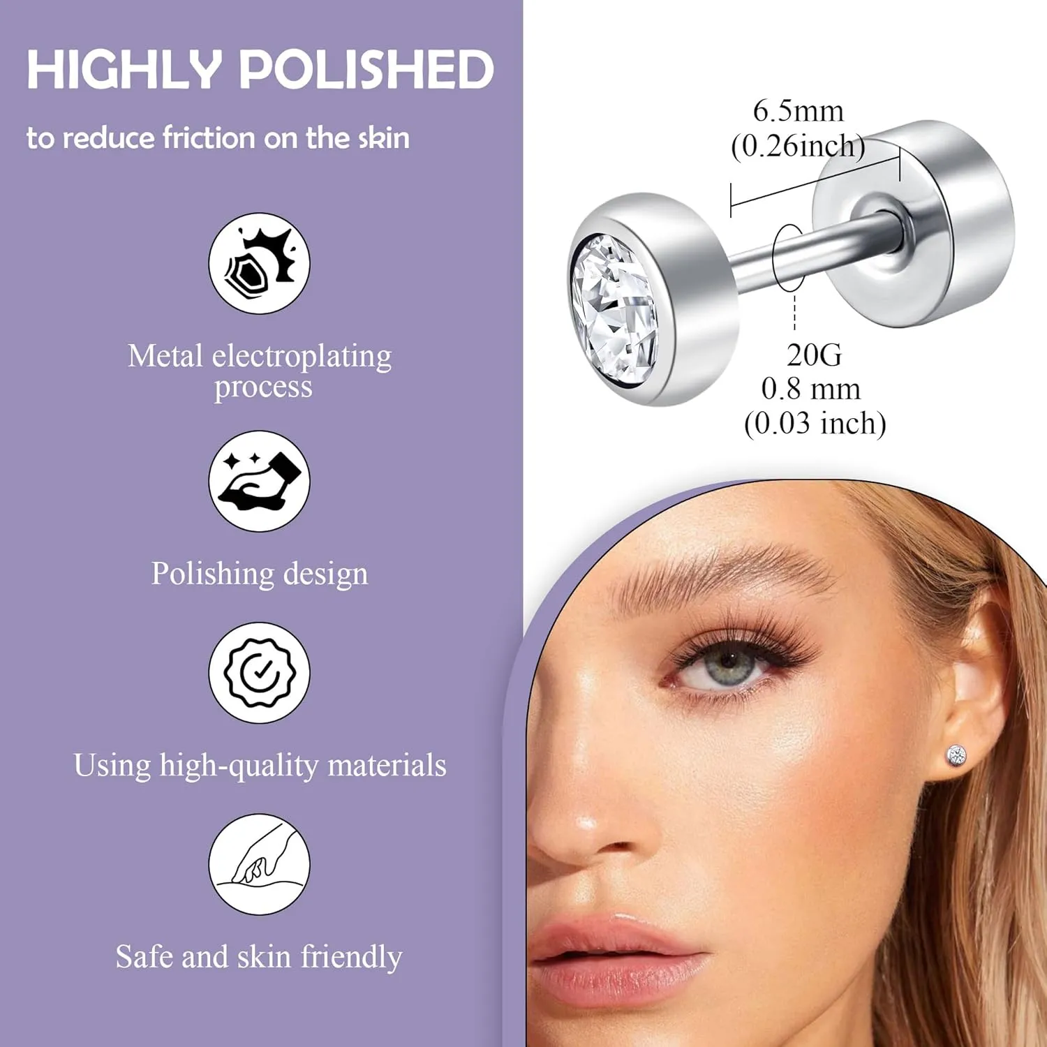 BLISI G23 Solid Titanium Studs Earrings Flat Back Light Siam Earrings, Dainty Screw Back Silver Stud Earrings Hypoallergenic 3mm/4mm/5mm Cartilage Rhinestones Earring Helix Tragus Conch Piercing