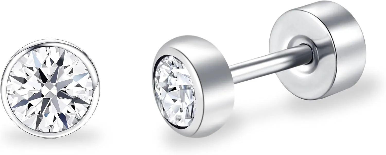 BLISI G23 Solid Titanium Studs Earrings Flat Back Light Siam Earrings, Dainty Screw Back Silver Stud Earrings Hypoallergenic 3mm/4mm/5mm Cartilage Rhinestones Earring Helix Tragus Conch Piercing