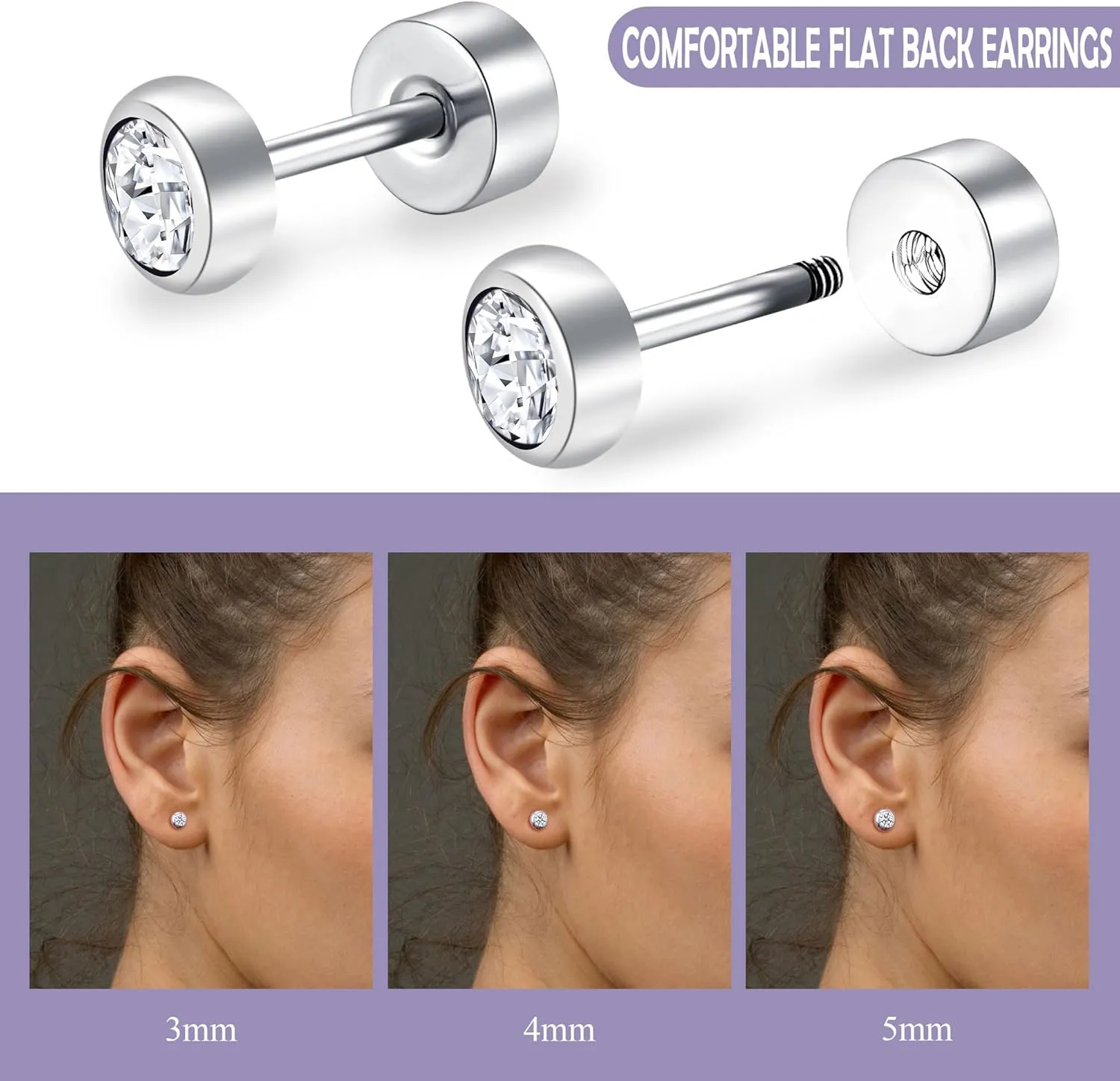 BLISI G23 Solid Titanium Studs Earrings Flat Back Light Siam Earrings, Dainty Screw Back Silver Stud Earrings Hypoallergenic 3mm/4mm/5mm Cartilage Rhinestones Earring Helix Tragus Conch Piercing