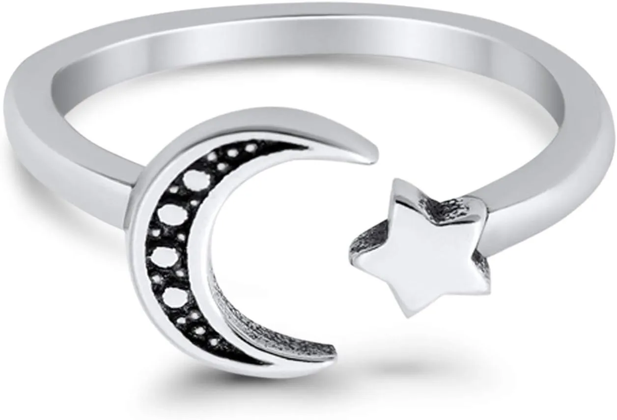 Blue Apple Co. Moon and Star Toe Ring Adjustable Band 925 Sterling Silver (7mm)