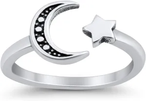 Blue Apple Co. Moon and Star Toe Ring Adjustable Band 925 Sterling Silver (7mm)