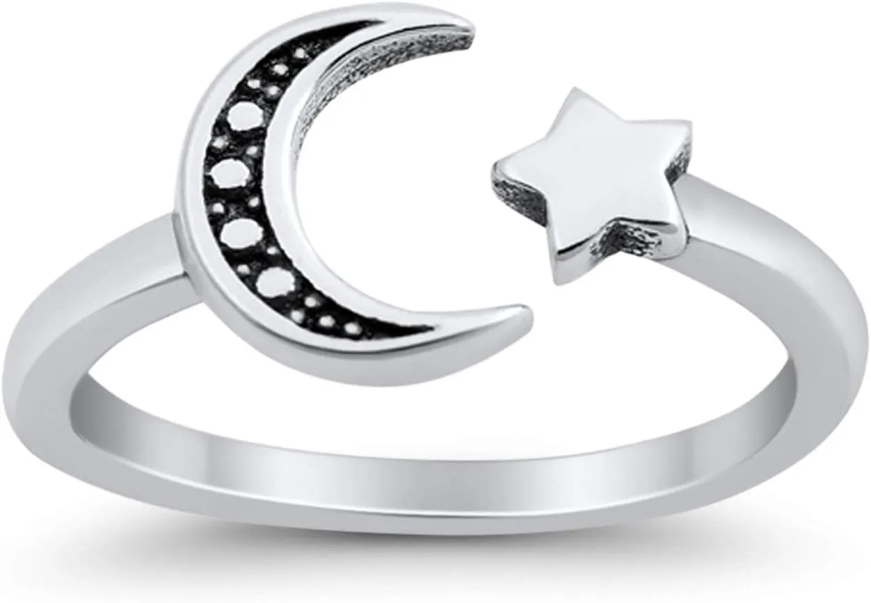 Blue Apple Co. Moon and Star Toe Ring Adjustable Band 925 Sterling Silver (7mm)