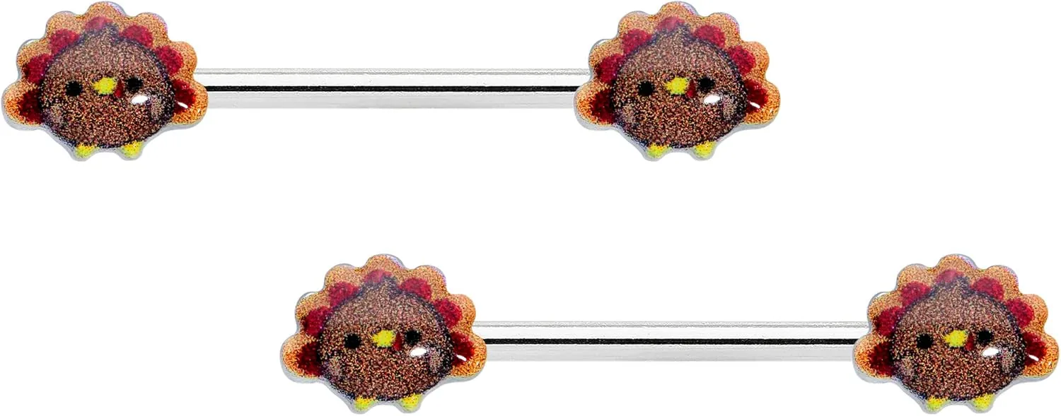 Body Candy 14G Womens Nipplerings Piercing Steel 2Pc Cute Colorful Turkeys Thanksgiving Nipple Ring Set 9/16"