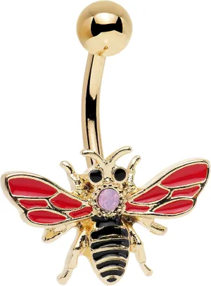 Body Candy Gold PVD Steel Pink Black Accent Black Red Buzzy Bee Belly Button Ring