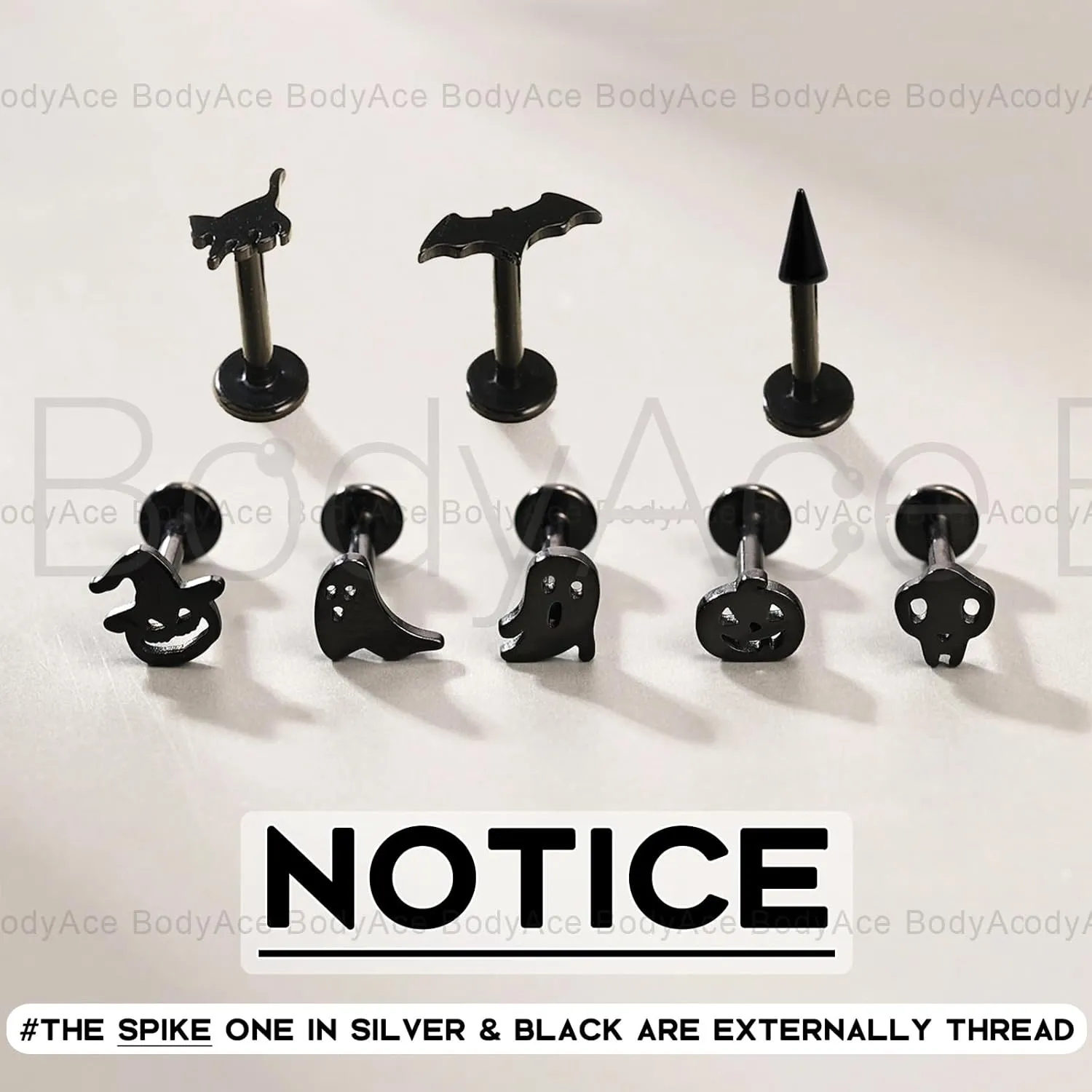 BodyAce 16G Halloween Tragus Piercing Jewelry, Black Gothic Flat Back Earrings Cartilage Helix Lobe Stud, Ghost Skull Labret Studs Pumpkin Bat Lip Rings