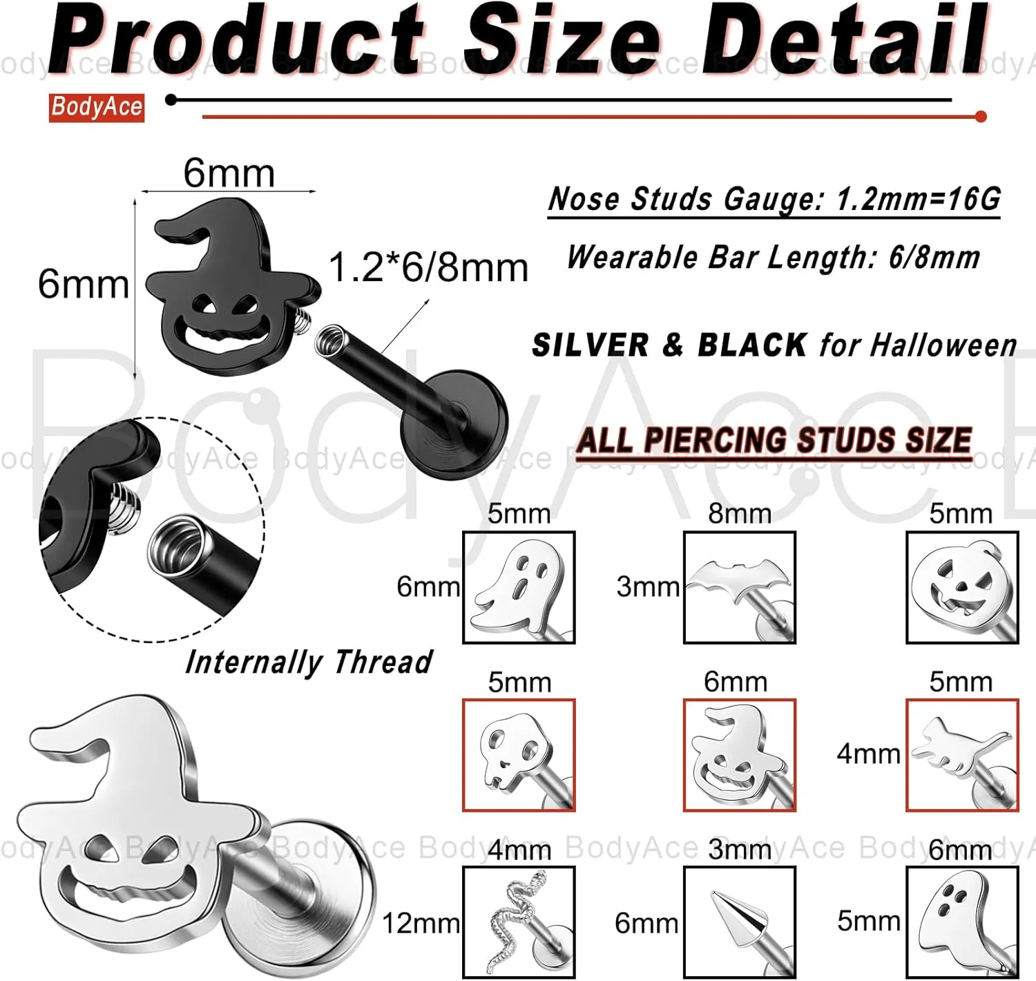 BodyAce 16G Halloween Tragus Piercing Jewelry, Black Gothic Flat Back Earrings Cartilage Helix Lobe Stud, Ghost Skull Labret Studs Pumpkin Bat Lip Rings