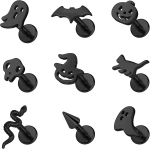 BodyAce 16G Halloween Tragus Piercing Jewelry, Black Gothic Flat Back Earrings Cartilage Helix Lobe Stud, Ghost Skull Labret Studs Pumpkin Bat Lip Rings
