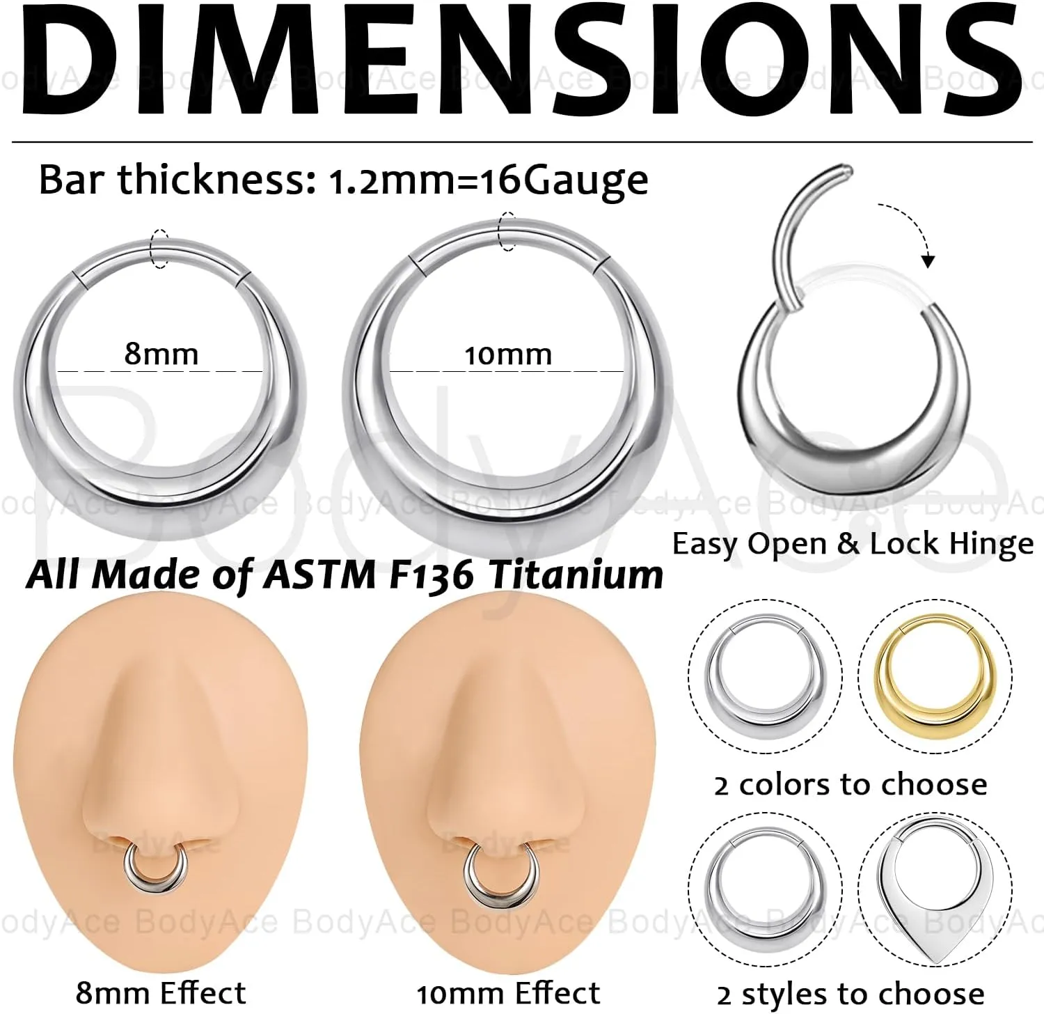 BodyAce ASTM F136 Titanium Septum Rings Hoop, 16G Gold Moon Segment Nose Rings Clicker Hoop, 8/10mm Hinged Cartilage Earrings for Daith, Rook, Tragus