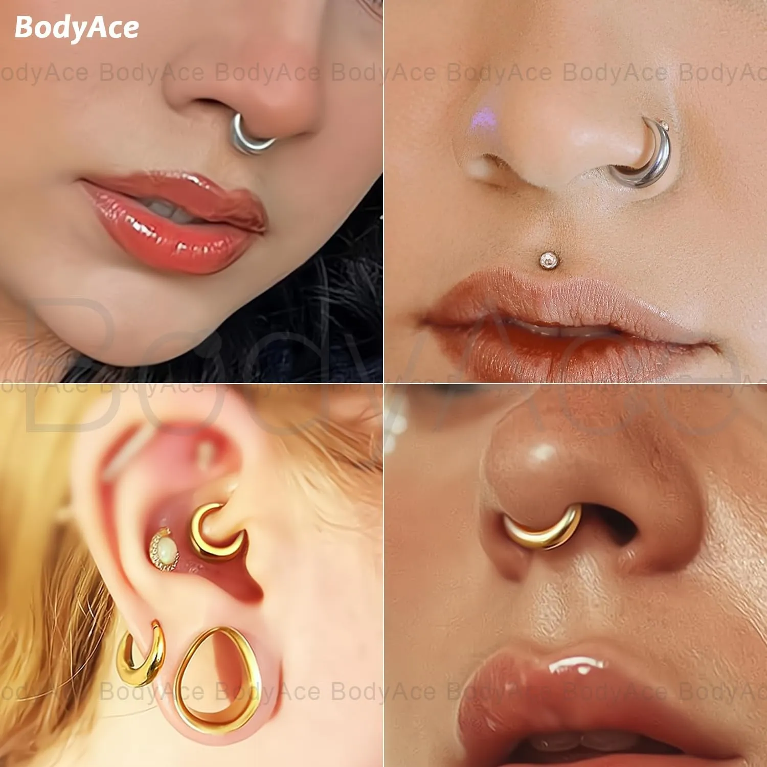 BodyAce ASTM F136 Titanium Septum Rings Hoop, 16G Gold Moon Segment Nose Rings Clicker Hoop, 8/10mm Hinged Cartilage Earrings for Daith, Rook, Tragus