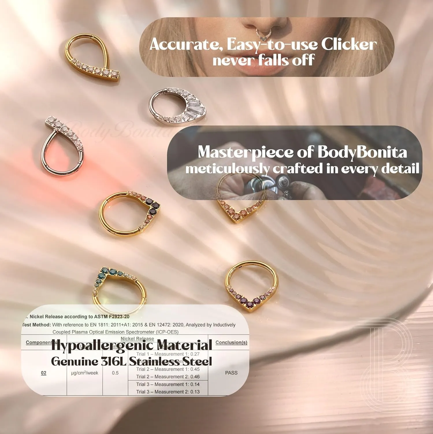 BodyBonita 16G Septum Rings - 316L Surgical Steel Teardrop Hinged Nose Rings Hoops Seamless Septum Jewelry CZ Nose Piercings Helix Tragus Rook Daith Piercing for Women Men Silver/Gold/Black 8mm 10mm