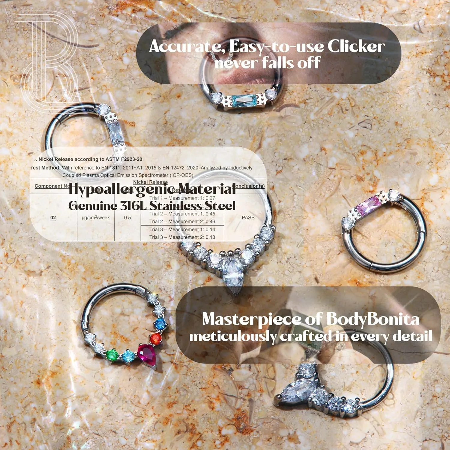 BodyBonita 16G Septum Rings Jewelry - Cubic Zirconia Luxe 316L Stainless Steel Hinged Nose Rings Hoops for Women Conch Piercing Jewelry Tragus Daith Helix Earring 14K Gold Plated/Silver 8 mm/10 mm