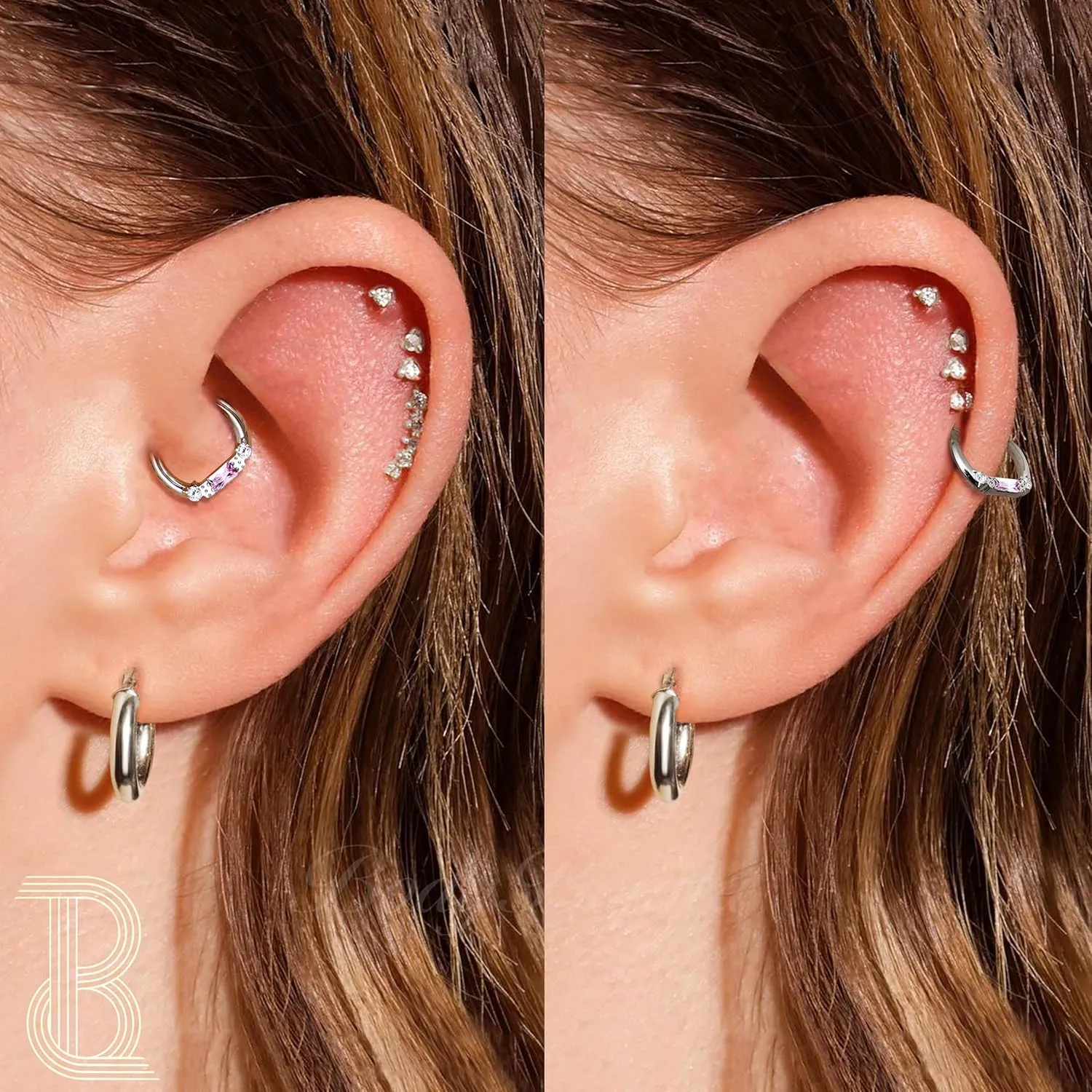 BodyBonita 16G Septum Rings Jewelry - Cubic Zirconia Luxe 316L Stainless Steel Hinged Nose Rings Hoops for Women Conch Piercing Jewelry Tragus Daith Helix Earring 14K Gold Plated/Silver 8 mm/10 mm