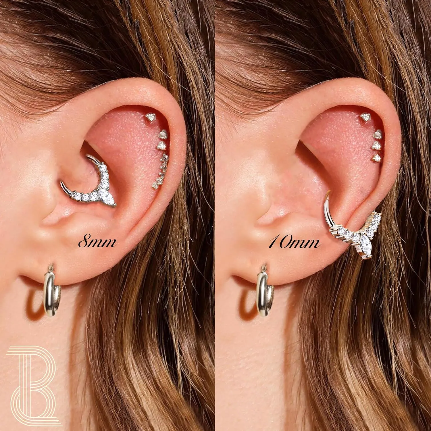 BodyBonita 16G Septum Rings Jewelry - Cubic Zirconia Luxe 316L Stainless Steel Hinged Nose Rings Hoops for Women Conch Piercing Jewelry Tragus Daith Helix Earring 14K Gold Plated/Silver 8 mm/10 mm