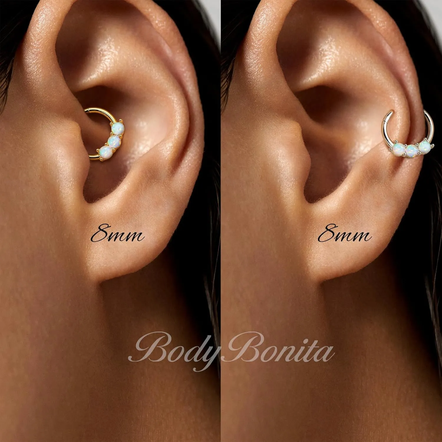 BodyBonita 16G White Opal Septum Rings - 316L Surgical Steel Nose Rings Hoops Clicker Septum Jewelry Nose Piercings Helix Tragus Rook Daith Earrings for Women Men Silver/Gold 8mm