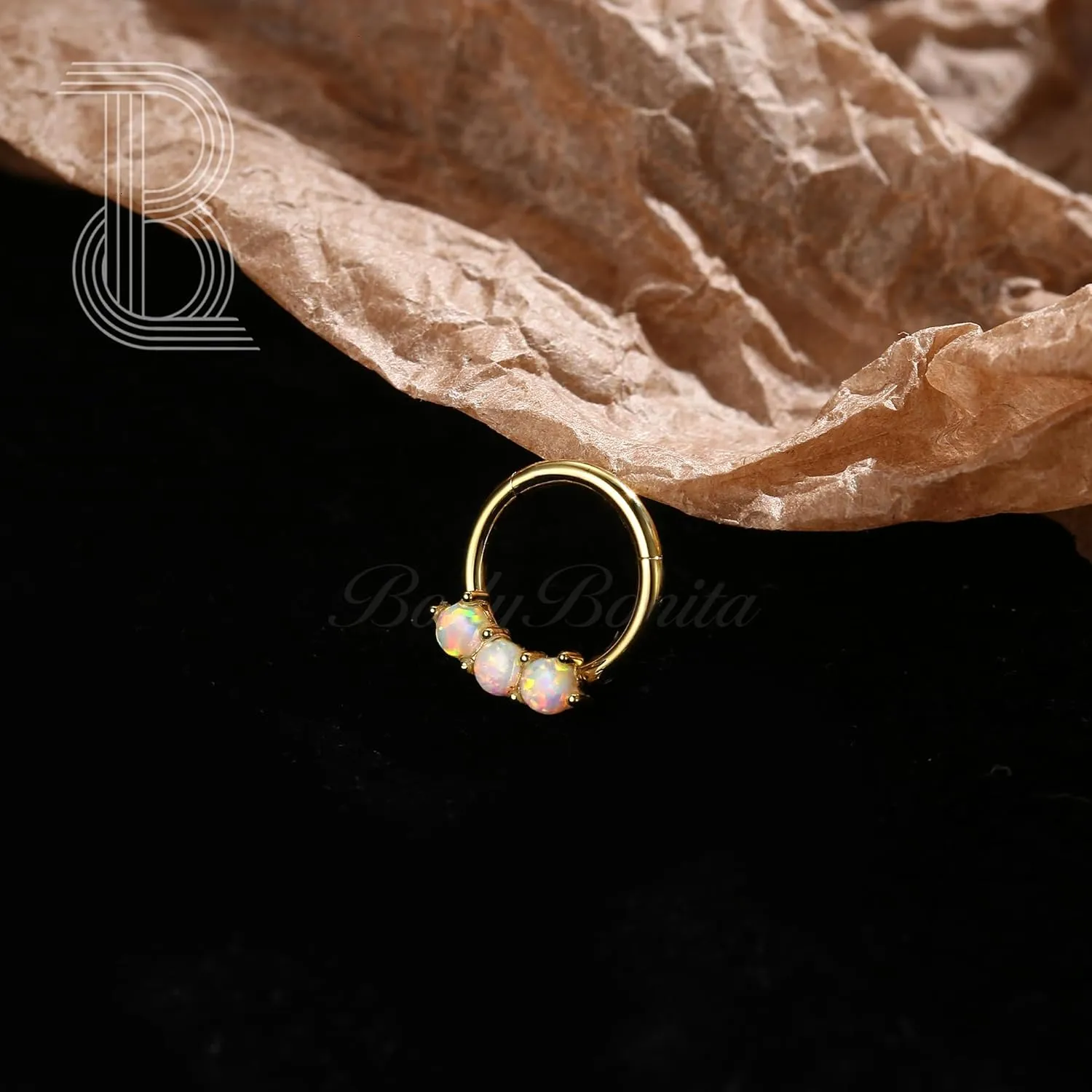 BodyBonita 16G White Opal Septum Rings - 316L Surgical Steel Nose Rings Hoops Clicker Septum Jewelry Nose Piercings Helix Tragus Rook Daith Earrings for Women Men Silver/Gold 8mm