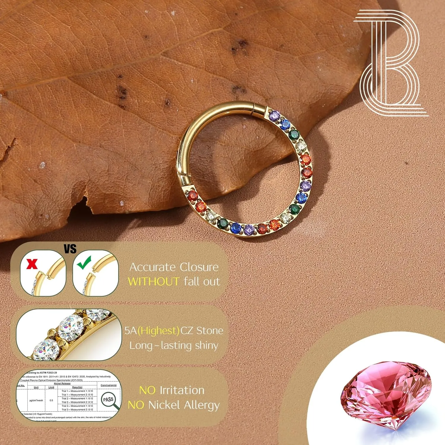 BodyBonita Hinged CZ Septum Rings - 316L Surgical Steel Nose Rings Hoops for Women 20G/18G/16G Cartilage Earrings Conch Piercing Jewelry Helix Rook Tragus Lobe Daith Snug Belly Button Ring 6mm-10mm