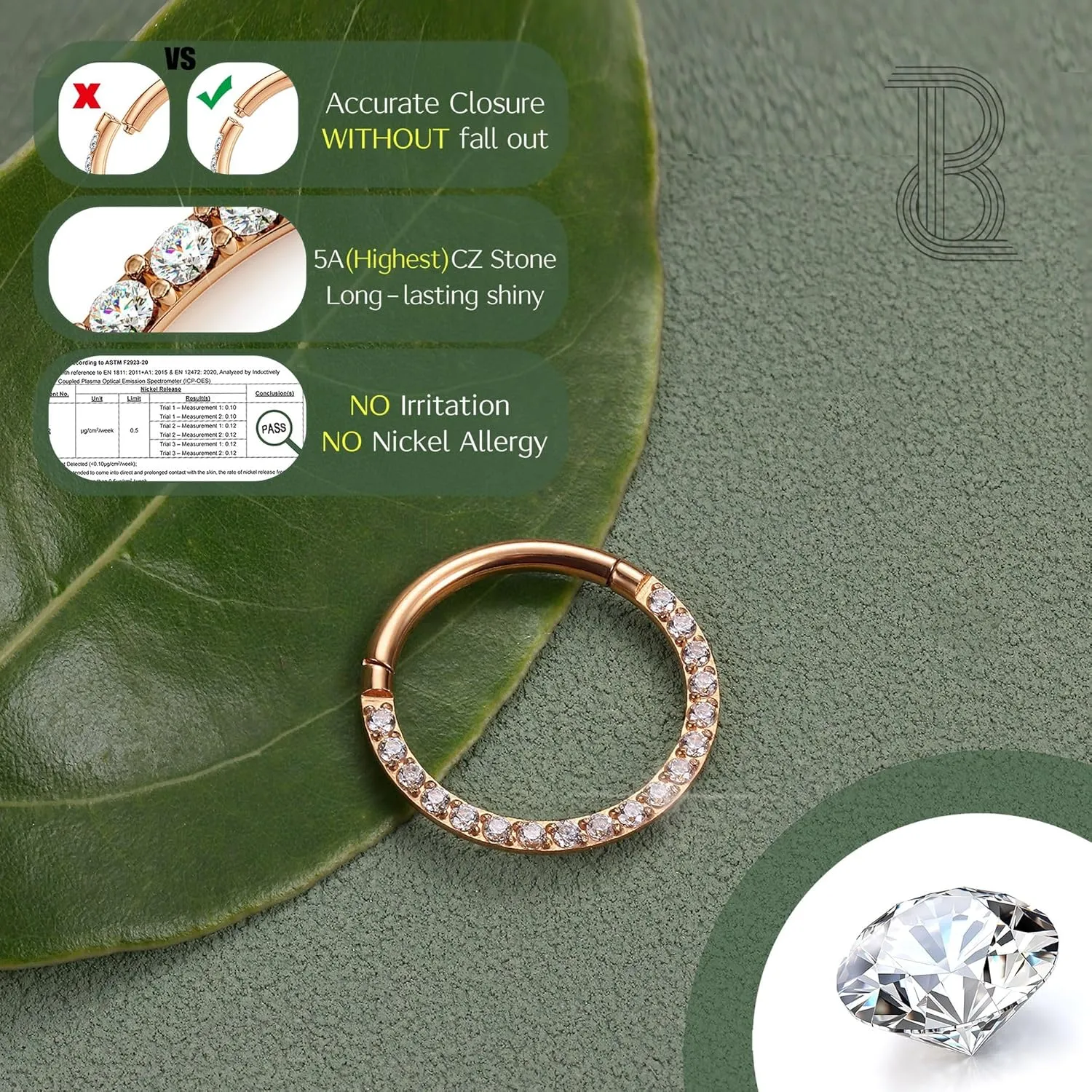 BodyBonita Hinged CZ Septum Rings - 316L Surgical Steel Nose Rings Hoops for Women 20G/18G/16G Cartilage Earrings Conch Piercing Jewelry Helix Rook Tragus Lobe Daith Snug Belly Button Ring 6mm-10mm