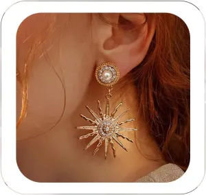 Bohemian Sun Star Drop Earrings Vintage Gold Hexagram Celestial Dangle with Sunflower Pearl Studs Statement Wedding Jewelry Gift for Women