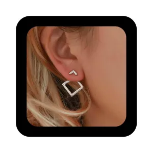 Boho Square Jacket Earrings Hollow Square Stud Earrings Minimalist V Ear Jacket Earring Silver Geometry Earrings Jewelry for Women (Silver)