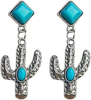 Boho Turquoise Cactus Drop Dangle Earrings for Women Western Style Studs Earring Retro Jewelry Gifts Birthday