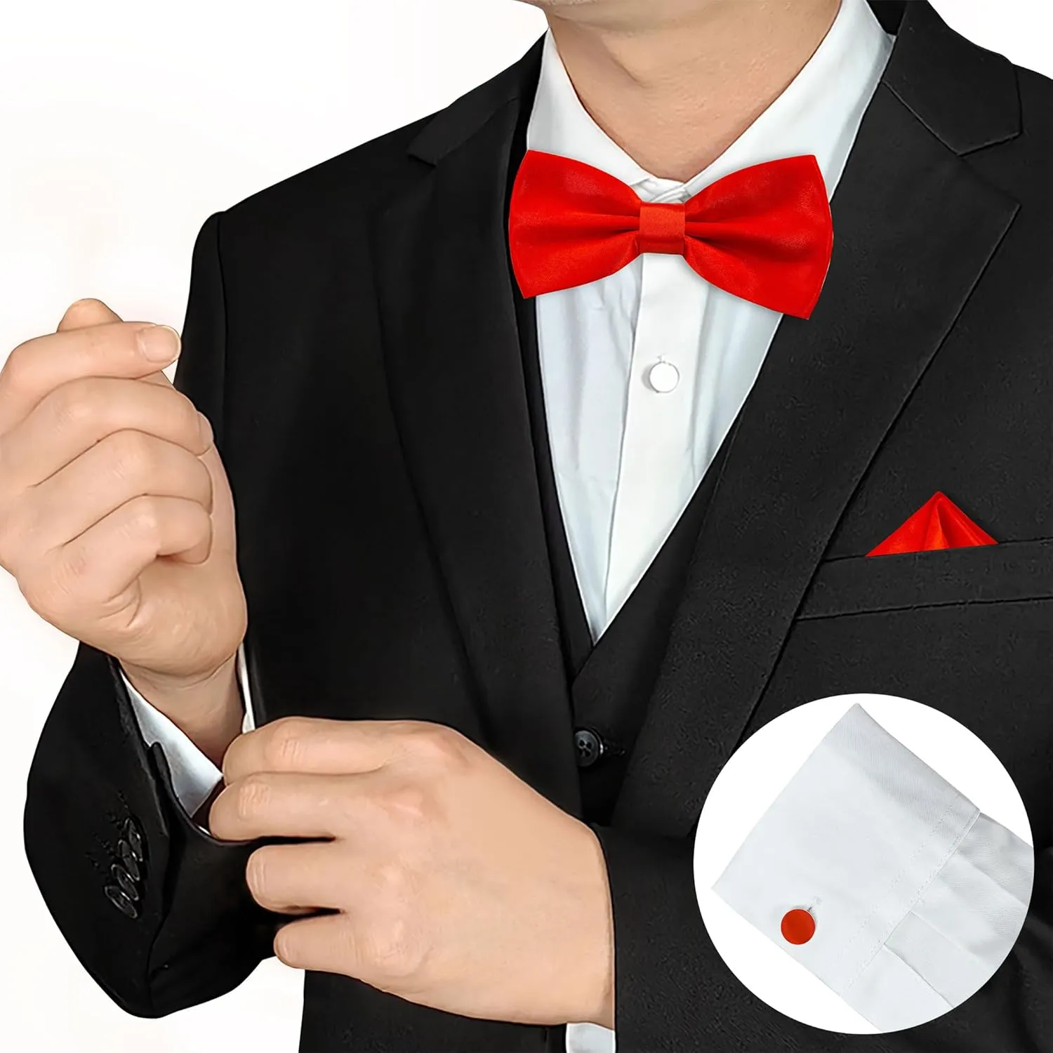 Bow Tie for Men, Boy Bow Tie and Pocket Square Cufflink Set for Graduation & Formal Tuxedo & Wedding Party Bowtie M-B-1T