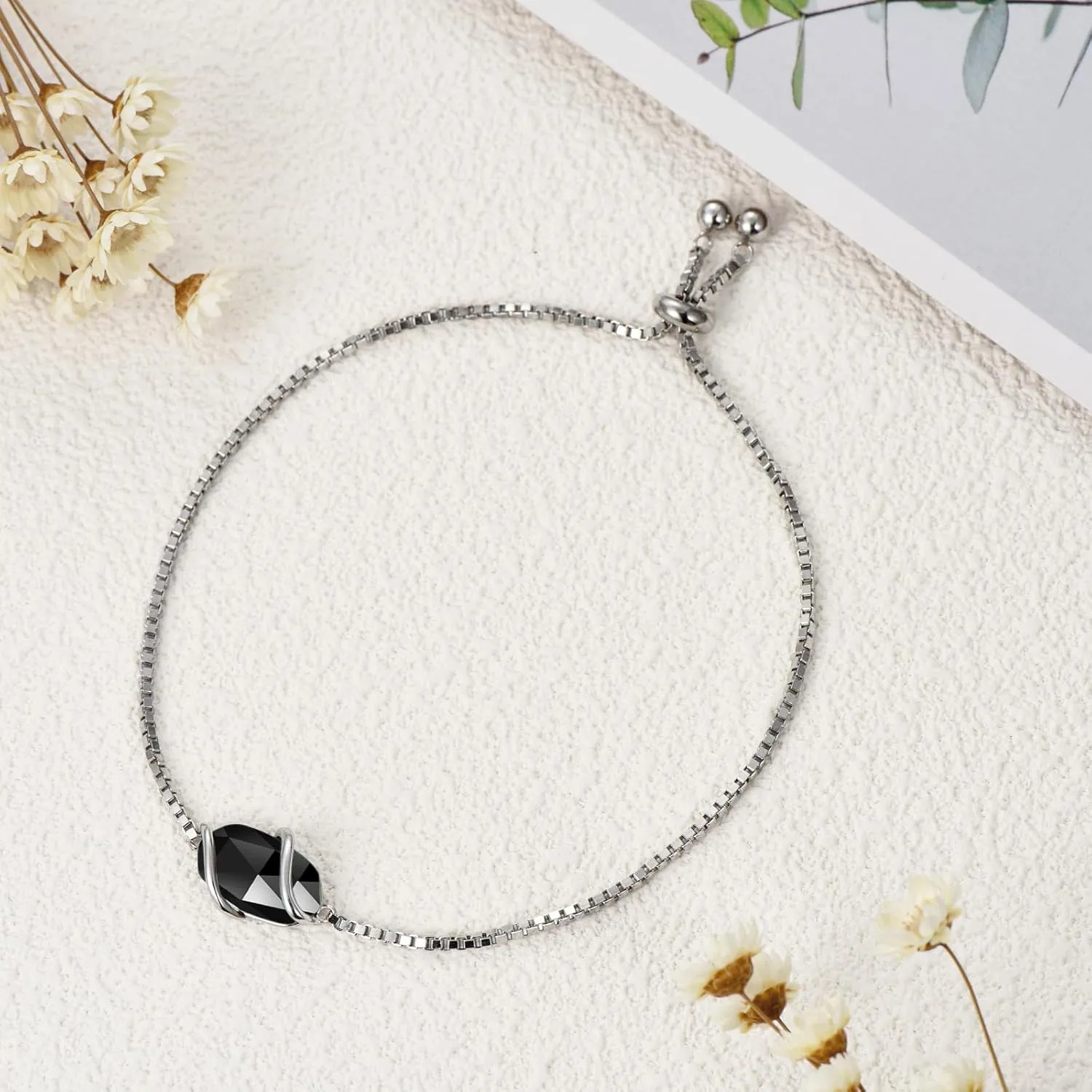 Bracelet for Women 925 Sterling Silver Dainty Simple Gemstone Link Bracelet Fine Jewelry Mothers Day Birthday Gifts for Mom Her (Fully Adjustable to 9 Inches)