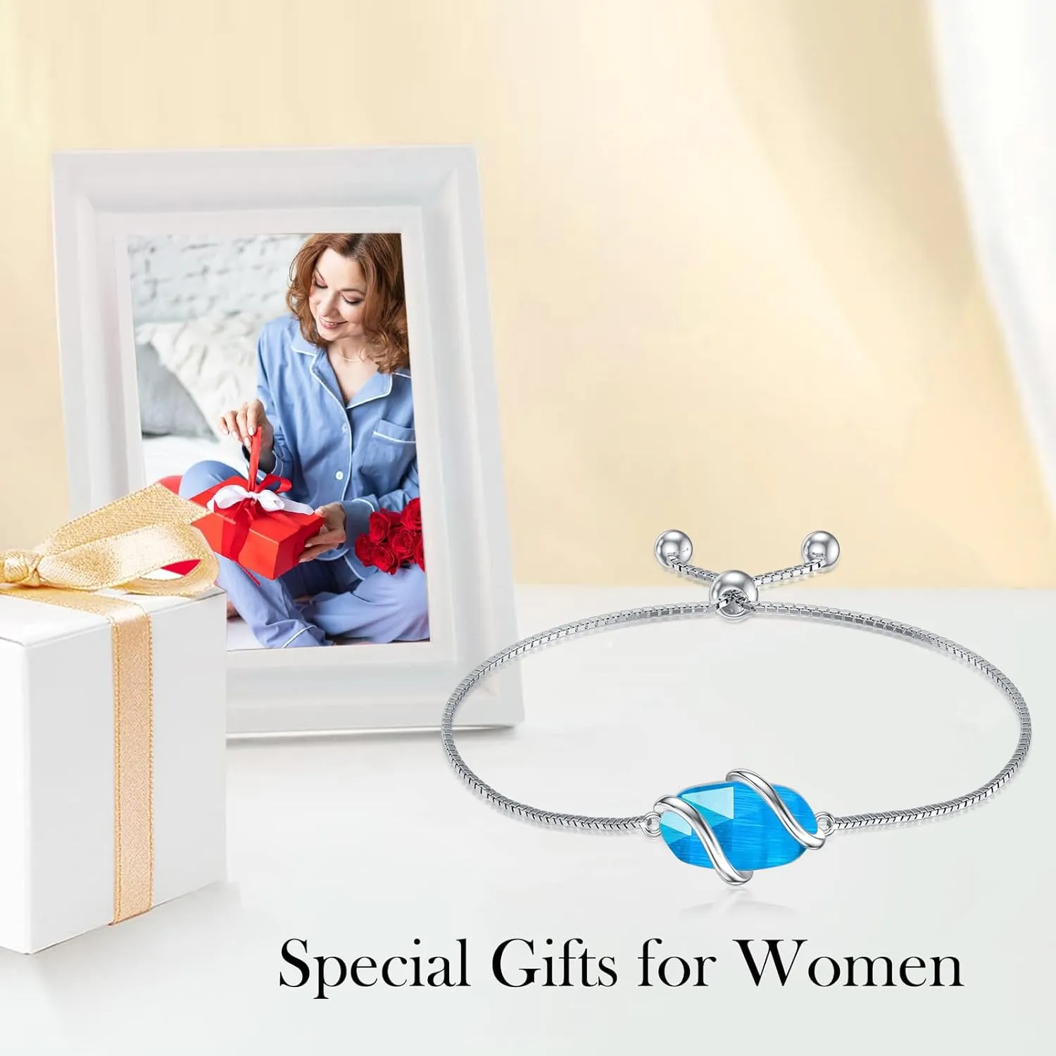 Bracelet for Women 925 Sterling Silver Dainty Simple Gemstone Link Bracelet Fine Jewelry Mothers Day Birthday Gifts for Mom Her (Fully Adjustable to 9 Inches)