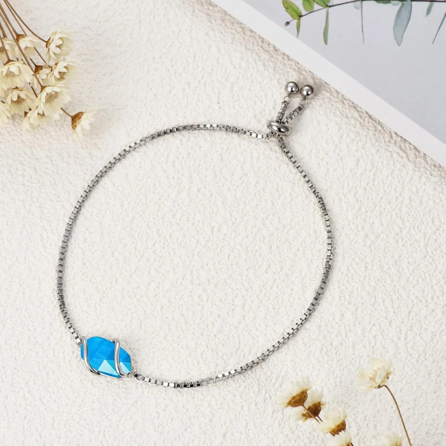 Bracelet for Women 925 Sterling Silver Dainty Simple Gemstone Link Bracelet Fine Jewelry Mothers Day Birthday Gifts for Mom Her (Fully Adjustable to 9 Inches)