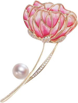 Brooches for Women, Vintage Pink Enamel Lotus Flower Brooch Pin for Women Fashion with Imitation Pearl Broach