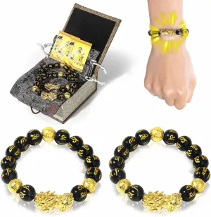 buiufish Feng Shui Obsidian Bracelet, 24k Gold Plated Pixiu Bracelet Dragon Protection for Men Women, 12mm Mantra Prayer Beads Bracelets Meaning to Attract Wealth and Good Luck