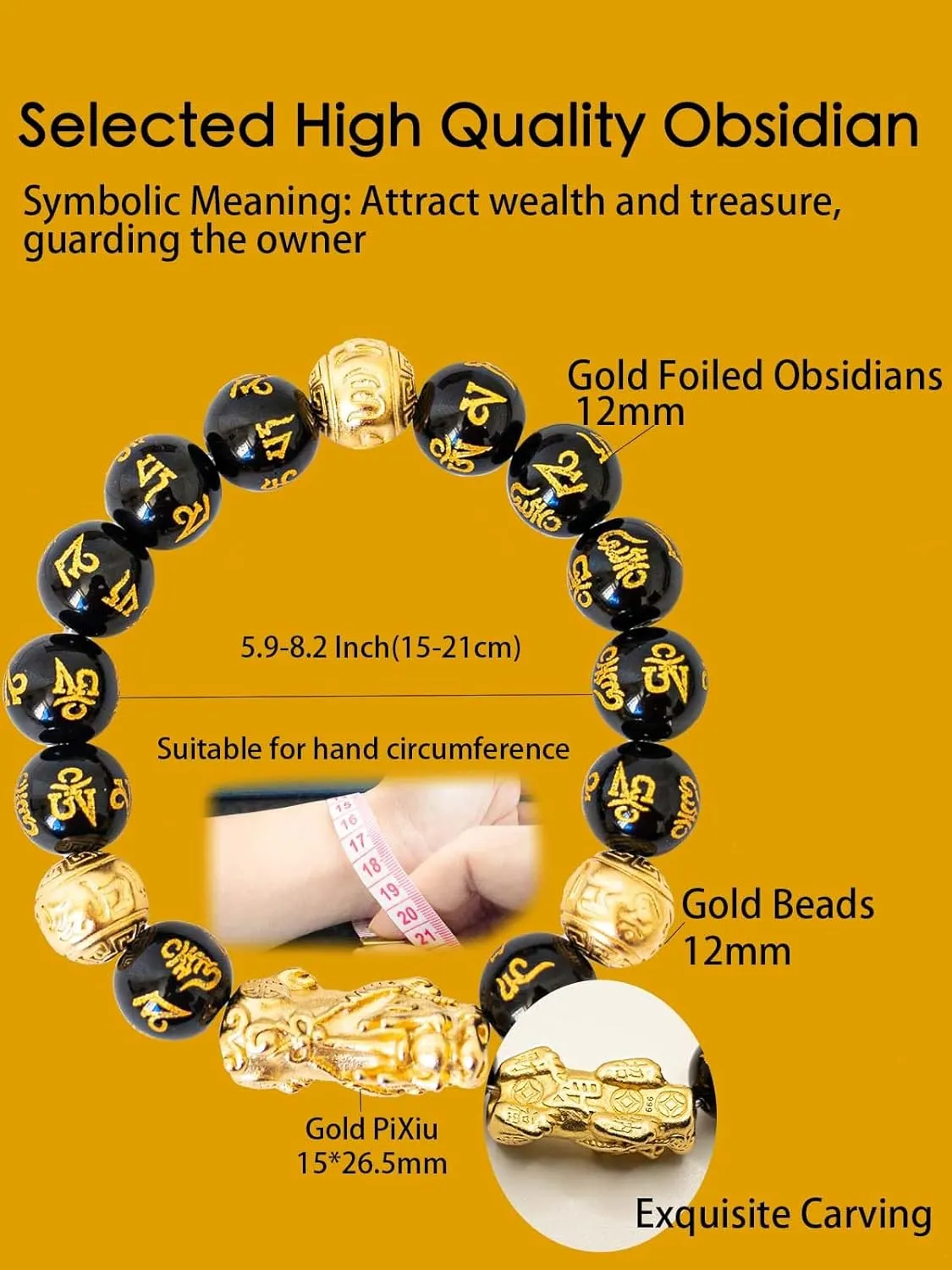buiufish Feng Shui Obsidian Bracelet, 24k Gold Plated Pixiu Bracelet Dragon Protection for Men Women, 12mm Mantra Prayer Beads Bracelets Meaning to Attract Wealth and Good Luck