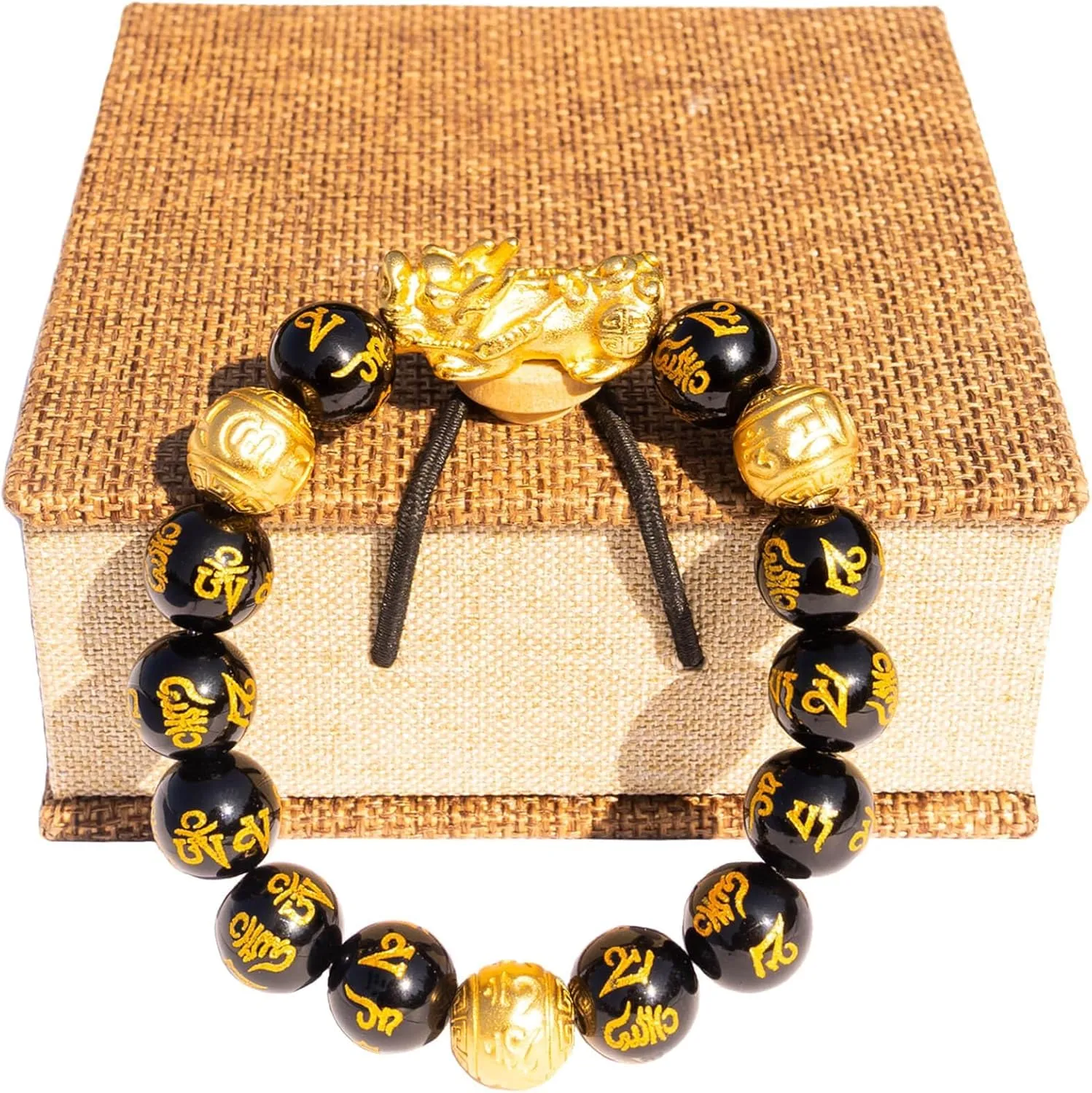 buiufish Feng Shui Obsidian Bracelet, 24k Gold Plated Pixiu Bracelet Dragon Protection for Men Women, 12mm Mantra Prayer Beads Bracelets Meaning to Attract Wealth and Good Luck