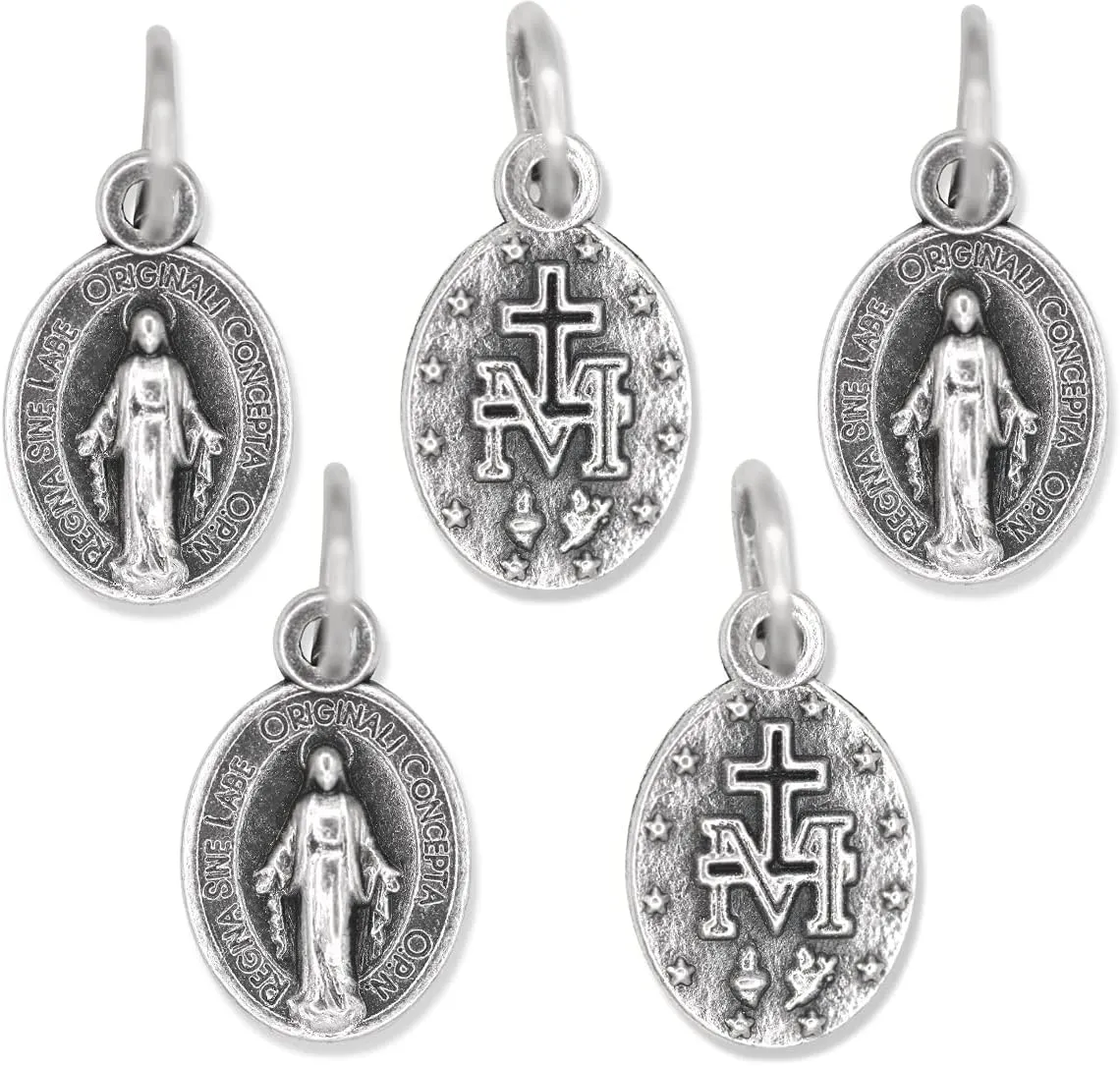 Bulk Pack of 5 - Mini Miraculous Medal Pendant for Charm Bracelet or Necklace -1/2" Silver Oxidize Small Miraculous Medals for Jewelry Making Catholic Made in Italy