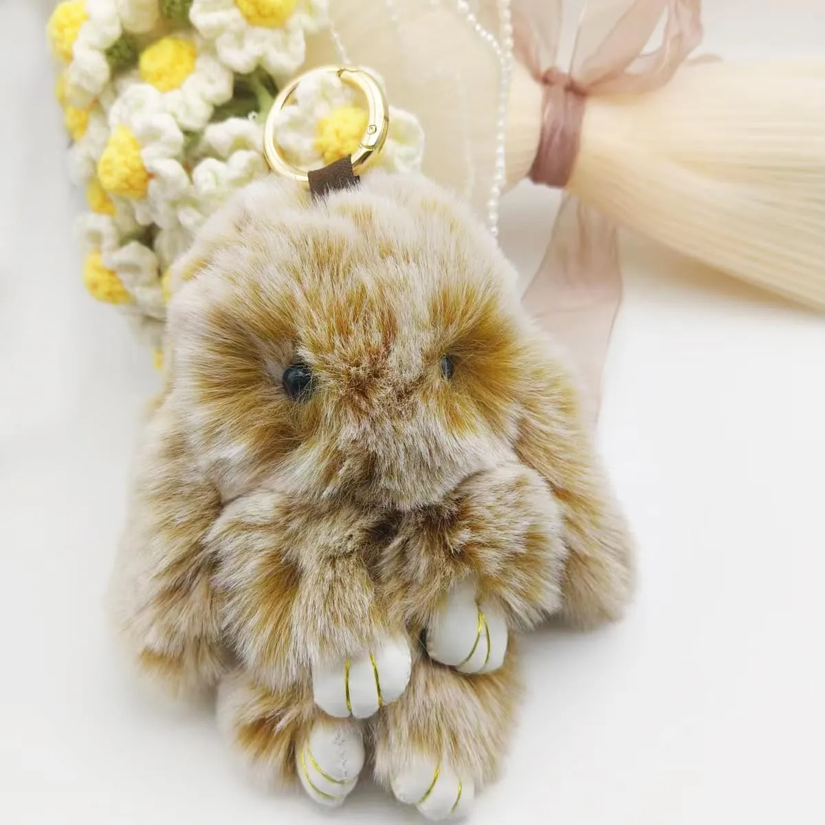 Bunny Keychain Soft Fluffy Rabbit Keychain 7in Handmade Cute Colorful Rabbit Fur Pom Pom Key Rings for Women