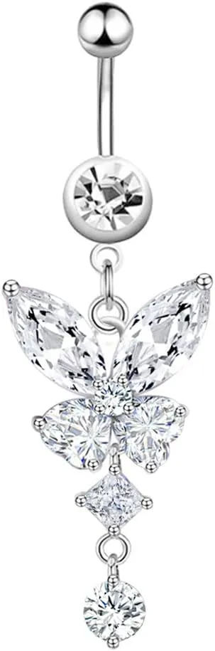Butterfly Belly Button Ring Dangle for Women Titanium Stainless Steel Crystal Silver Rose Gold Colorful Cute Aesthetic Small Butterfly Belly Button Rings Dangling for Egirls
