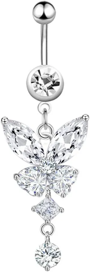 Butterfly Belly Button Ring Dangle for Women Titanium Stainless Steel Crystal Silver Rose Gold Colorful Cute Aesthetic Small Butterfly Belly Button Rings Dangling for Egirls