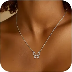 Butterfly Necklaces for Women 925 Sterling Silver 14K Gold Plated Butterfly Pendant Necklace Cute Dainty Cubic Zirconia Necklace Trendy Jewelry