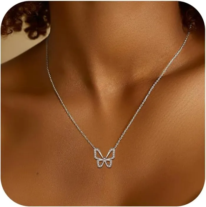 Butterfly Necklaces for Women 925 Sterling Silver 14K Gold Plated Butterfly Pendant Necklace Cute Dainty Cubic Zirconia Necklace Trendy Jewelry