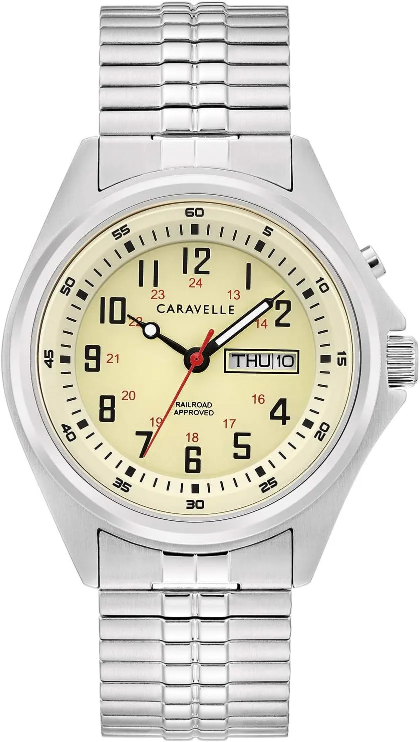 Caravelle by Bulova Men's Traditional 3-Hand Day and Date Quartz Watch, Light Up, Stainless Steel, 40mm