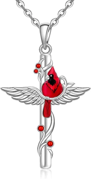 Cardinal Necklace for Women 925 Sterling Silver Memorial Cardinal Pendant Necklace Red Cardinal Cross Necklace Sympathy Gifts for Loved Ones