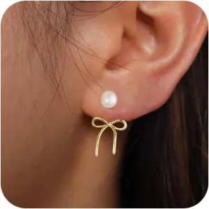 CAROVO Dainty 14K Gold Earring Sets Tiny Cartilage Bow Butterfly CZ Stud Small Chunky Open Hoop Earrings Set Multiple Piercing for Women