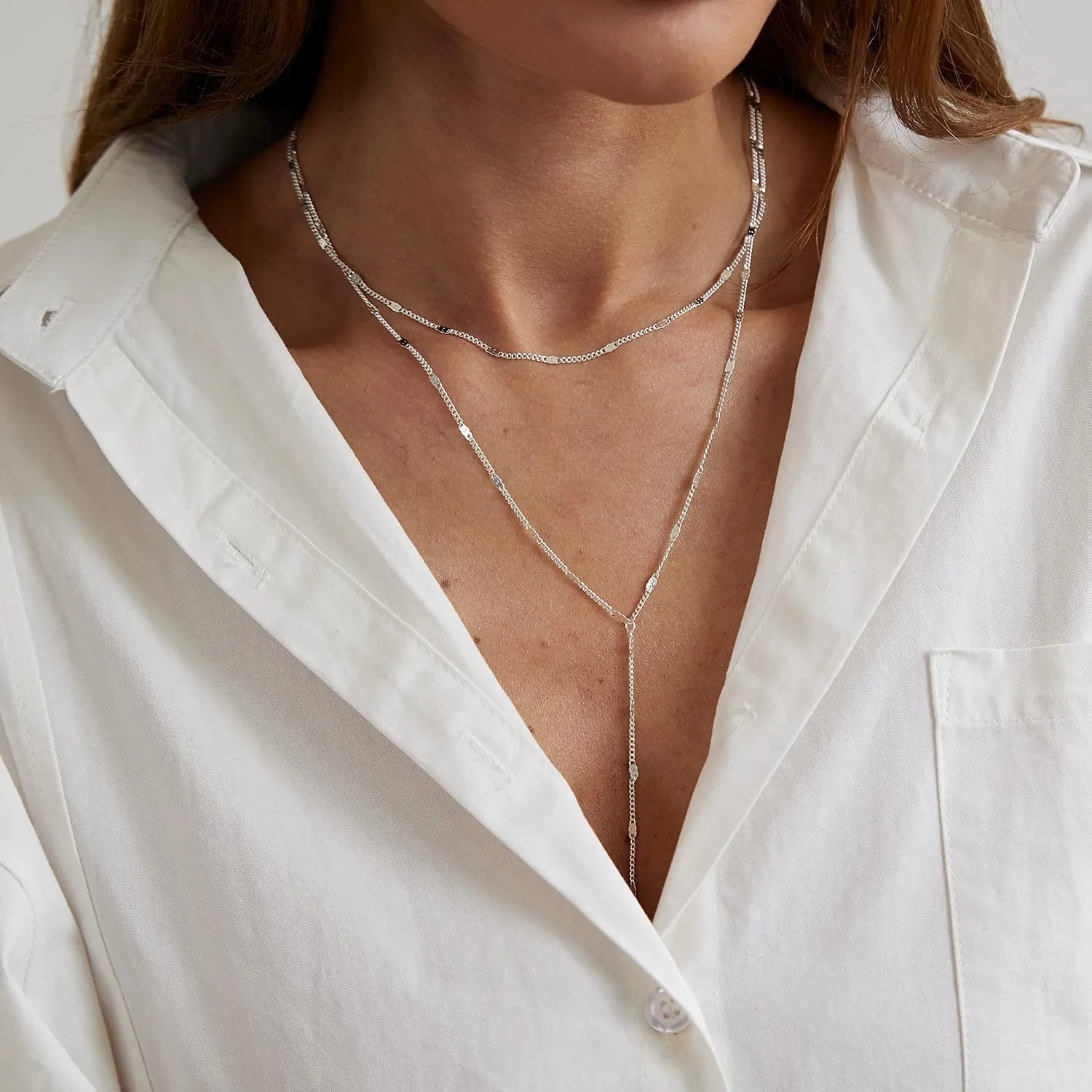 CAROVO Lariat Necklace for Women,Dainty Silver Necklace 14k Gold Plated Diamond Lariat Y-Shaped Long Drop Necklaces Lip Sparkle Dot Chain Bead Necklace Jewelry for Gifts