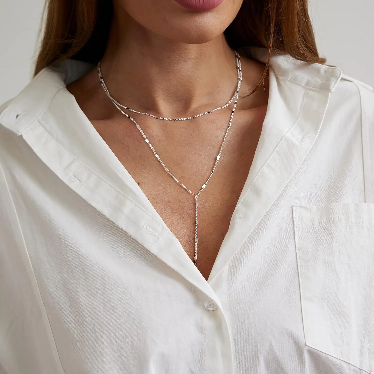 CAROVO Lariat Necklace for Women,Dainty Silver Necklace 14k Gold Plated Diamond Lariat Y-Shaped Long Drop Necklaces Lip Sparkle Dot Chain Bead Necklace Jewelry for Gifts