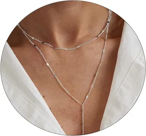 CAROVO Lariat Necklace for Women,Dainty Silver Necklace 14k Gold Plated Diamond Lariat Y-Shaped Long Drop Necklaces Lip Sparkle Dot Chain Bead Necklace Jewelry for Gifts